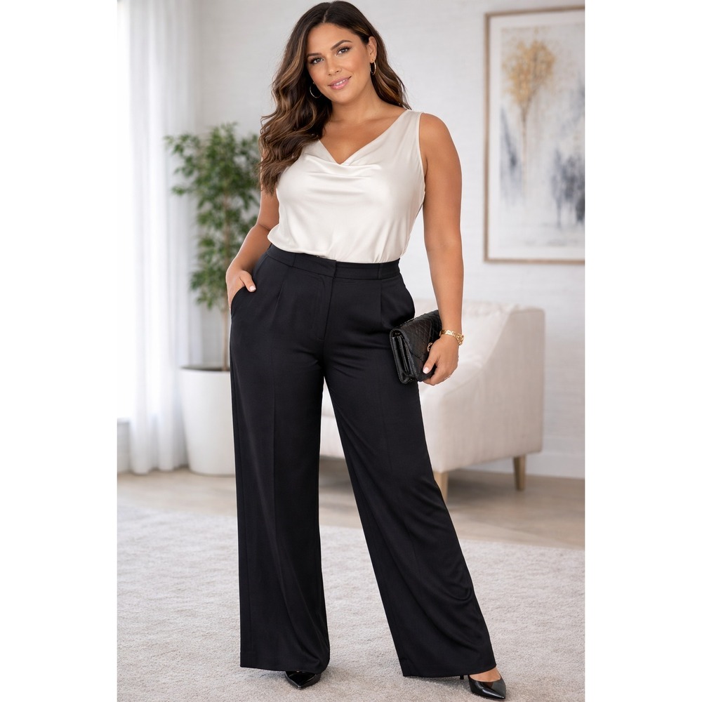 Ann Taylor 100% Silk Black Wide Leg Trousers Women's 4 High Rise Business Pants‎